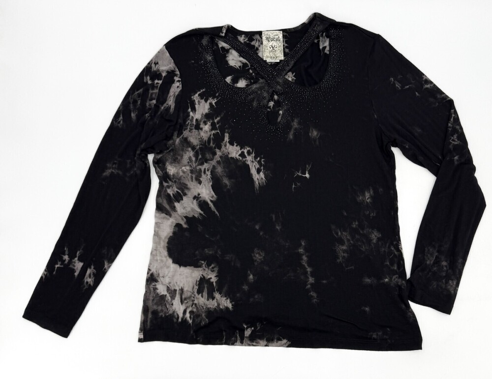 Vocal Shirt Womens 1XL Black Blouse Long Sleeve Pullover Keyholes Rhinestone